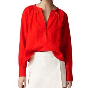 NWT J.Crew Women's Sz XXS Red Linen Cabana Top Long Sleeves Relaxed Fit CI542